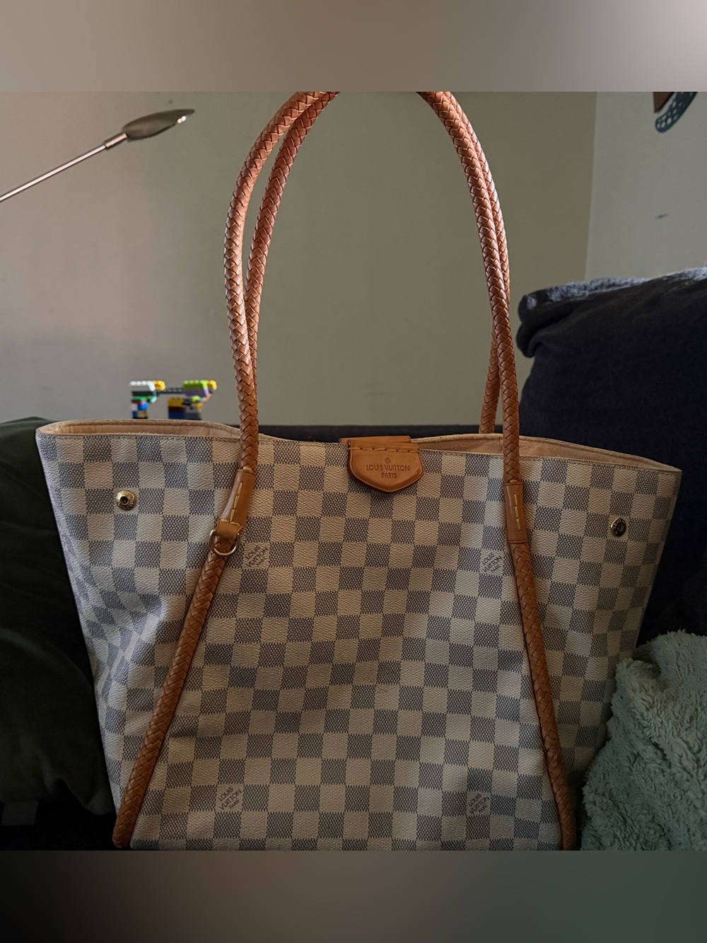 PLK Louis Vuitton Propriano Damier Azur Canvas Tote in Beige and Tan Leather